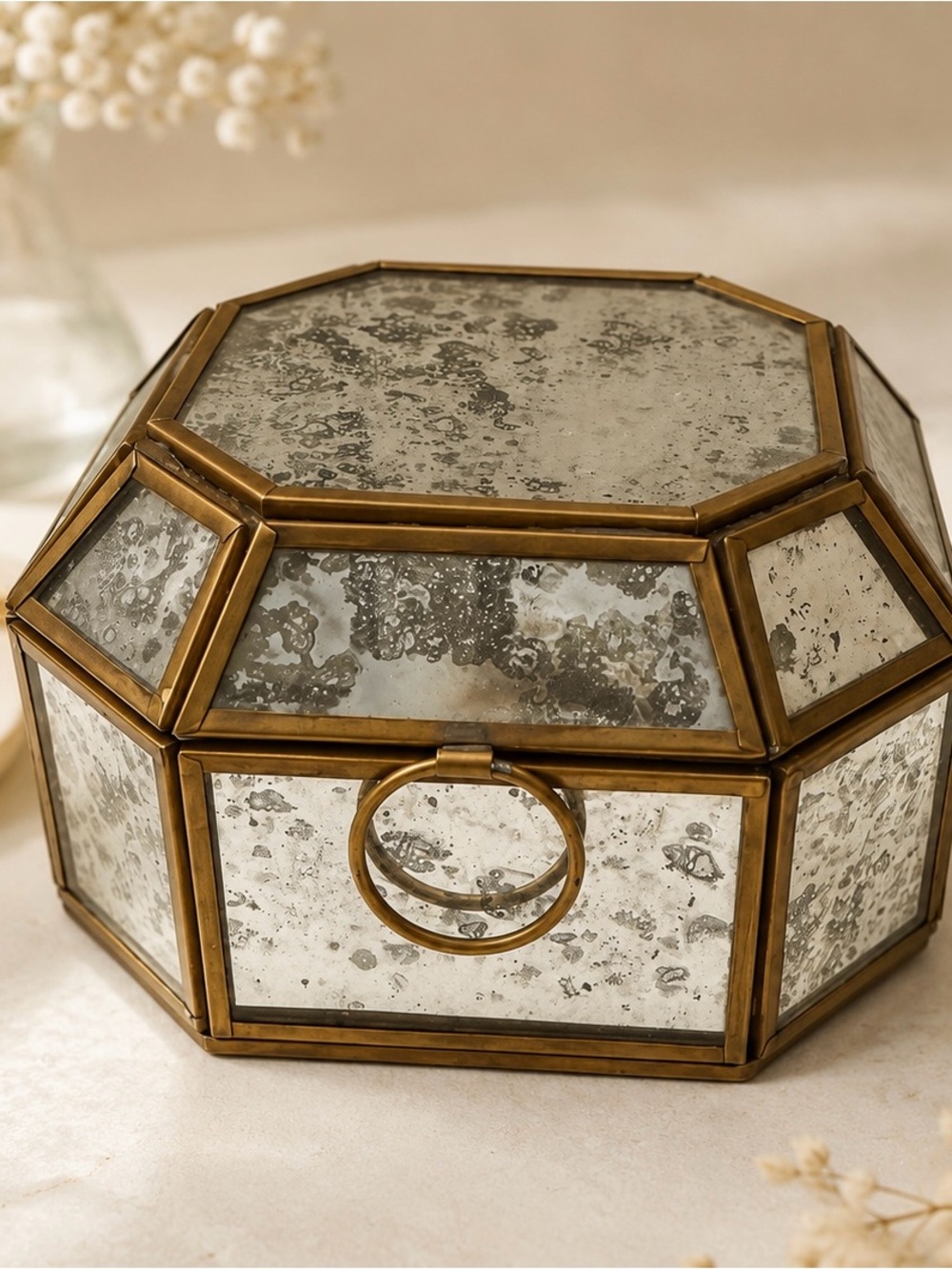 Anthropologie Mercury Glass Trinket Box | Octagonal Jewelry Box | Brass Frame